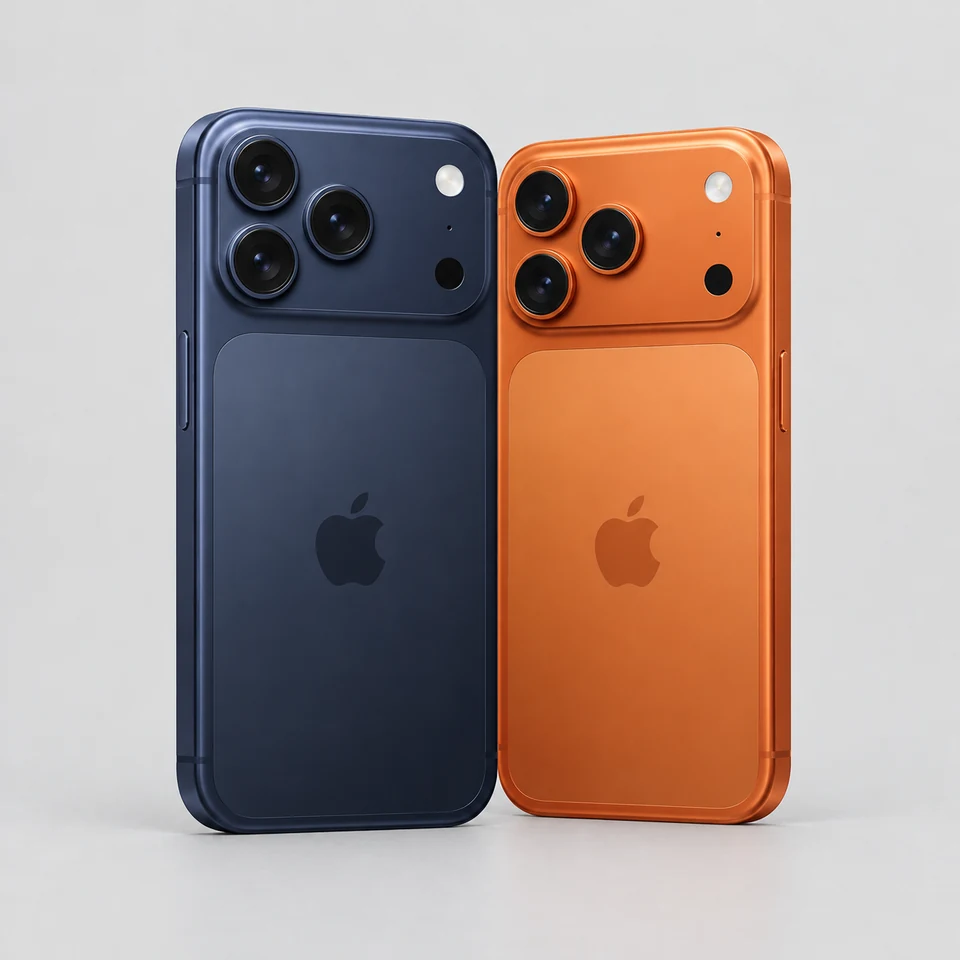 iPhone 17 Pro nas cores azul e laranja